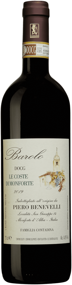 En glasflaska med Piero Benevelli Barolo Le Coste di Monforte 2019, ett rött vin från Piemonte i Italien