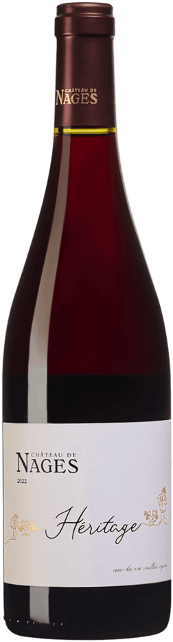 En glasflaska med Château des Nages Vieilles Vignes 2022, ett rött vin från Rhonedalen i Frankrike