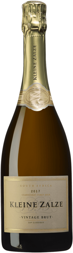 En glasflaska med Kleine Zalze Method Cap Classic Vintage Brut 2017, en mousserande från Western Cape i Sydafrika