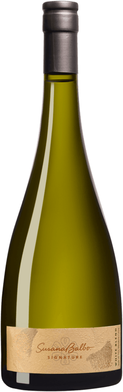 En glasflaska med Susana Balbo White Blend 2024, ett vitt vin från Cuyo i Argentina