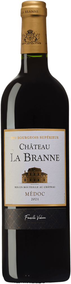 En glasflaska med Château La Branne 2021, ett rött vin från Bordeaux i Frankrike