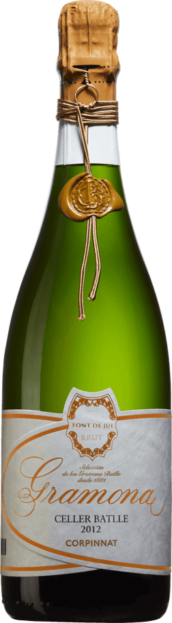 En glasflaska med Gramona Celler Batlle 2012, Spanien, Katalonien, ett mousserande vin från Katalonien i Spanien