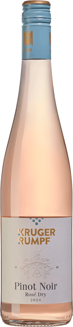 En lättare glasflaska med Kruger-Rumpf Pinot Noir Rosé 2024, en rosévin från Nahe i Tyskland