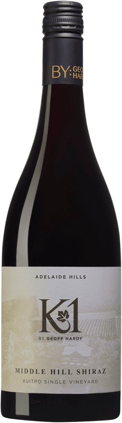 En glasflaska med Geoff Hardy K1 Middle Hill Shiraz 2021, ett rött vin från South Australia i Australien