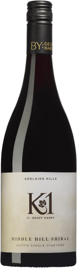 En glasflaska med Geoff Hardy K1 Middle Hill Shiraz 2021, ett rött vin från South Australia i Australien