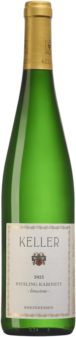 En glasflaska med Keller Limestone Riesling Kabinett Goldkapsel 2022, ett vitt vin från Rheinhessen i Tyskland
