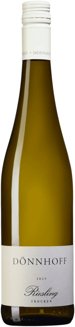En lättare glasflaska med Dönnhoff Riesling Trocken 2023, ett vitt vin från Nahe i Tyskland