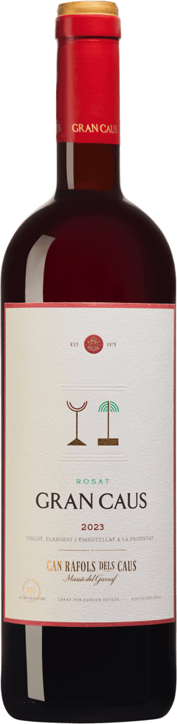 En glasflaska med Gran Caus Rosat 2023, en rosévin från Katalonien i Spanien