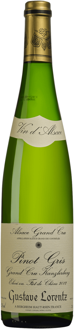 En glasflaska med Gustave Lorentz Grand Cru Kanzlerberg Pinot Gris 2012, ett vitt vin från Alsace i Frankrike