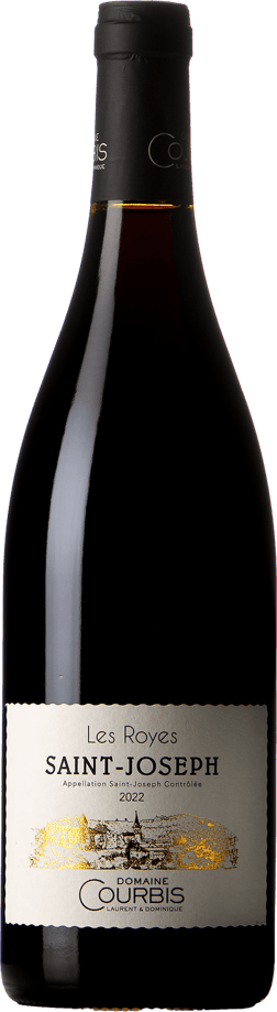 En glasflaska med Domaine Courbis Saint-Joseph Les Royes 2022, ett rött vin från Rhonedalen i Frankrike
