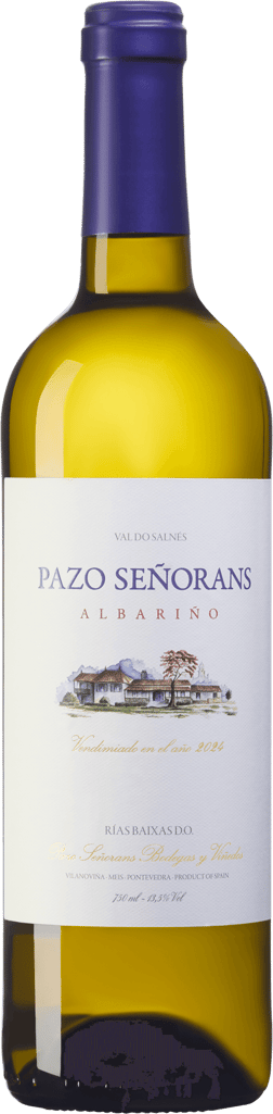 En glasflaska med Pazo Señorans Albariño 2024, ett vitt vin från Galicien i Spanien