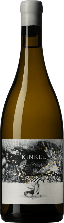 En glasflaska med Draaiboek Kinkel Chardonnay 2023, ett vitt vin från Western Cape i Sydafrika