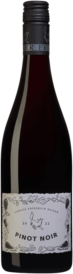 En glasflaska med Family Becker Pinot Noir 2021, ett rött vin från Pfalz i Tyskland