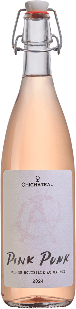 En glasflaska med Chichateau Doo Pink Punk 2024, en rosévin från Serbien