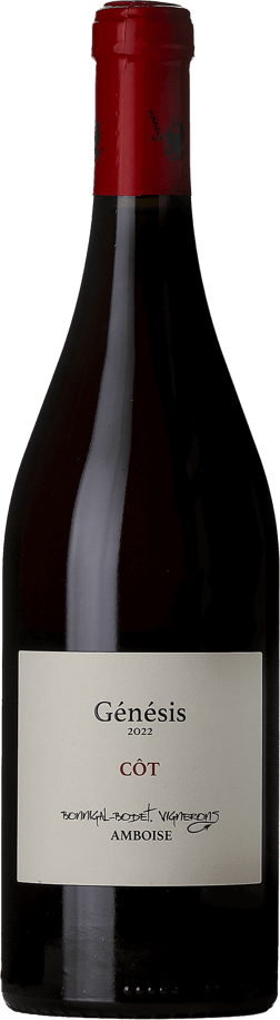 En glasflaska med Domaine Bonnigal-Bodet Génésis 2022, ett rött vin från Loiredalen i Frankrike
