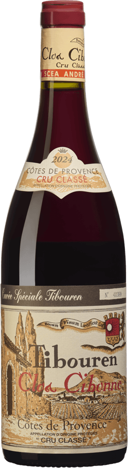 En glasflaska med Clos Cibonne Cuvée Spéciale Tibouren 2024, ett rött vin från Provence i Frankrike