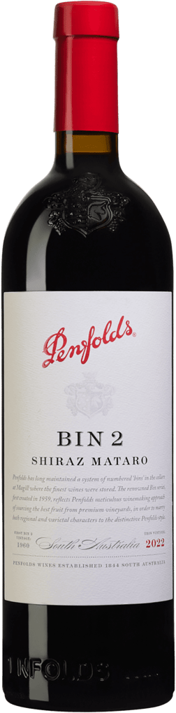 En glasflaska med Penfolds Bin 2 Shiraz Mataro 2022, ett rött vin från South Australia i Australien