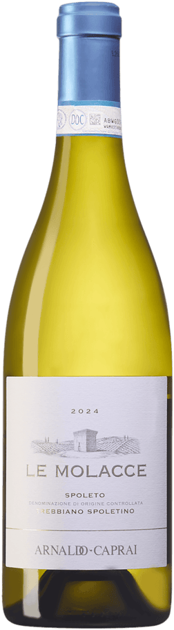 En glasflaska med Arnaldo-Caprai Le Molacce Trebbiano Spoletino 2024, ett vitt vin från Umbrien i Italien