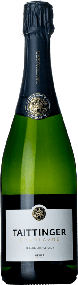 En glasflaska med Taittinger Prélude Grands Crus, ett champagne från Champagne i Frankrike