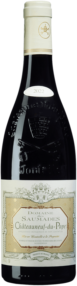 En glasflaska med Domaine des Saumades Châteauneuf-du-Pape Rouge 2022, ett rött vin från Rhonedalen i Frankrike
