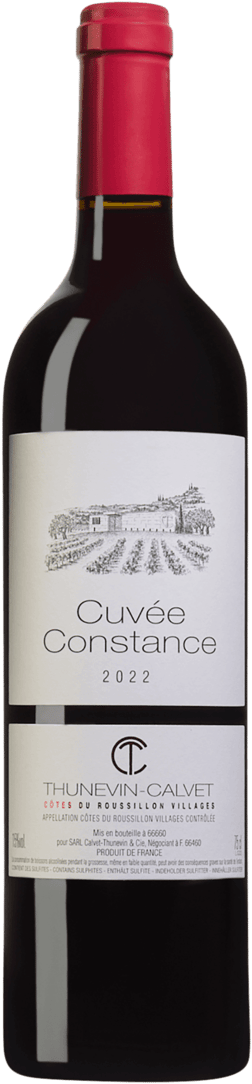 En lättare glasflaska med Calvet-Thunevin Cuvée Constance 2022, ett rött vin från Languedoc-Roussillon i Frankrike