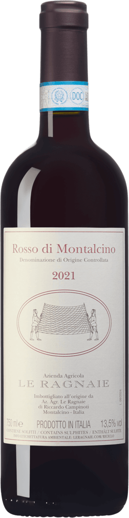 En glasflaska med Le Ragnaie Rosso di Montalcino 2021, ett rött vin från Toscana i Italien