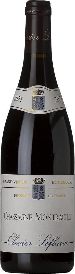 En glasflaska med Olivier Leflaive Chassagne-Montrachet Rouge 2021, ett rött vin från Bourgogne i Frankrike
