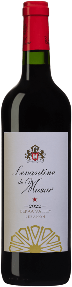 En lättare glasflaska med Chateau Musar Levantine de Musar 2022, ett rött vin från Bekaa i Libanon
