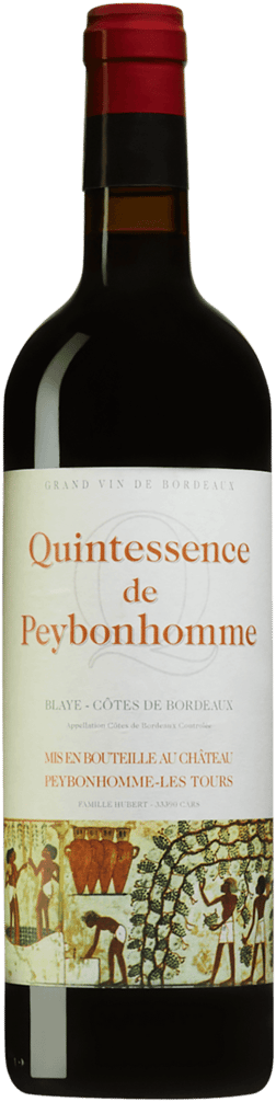 En glasflaska med Bossuet-Hubert Quintessence de Peybonhomme 2021, ett rött vin från Bordeaux i Frankrike