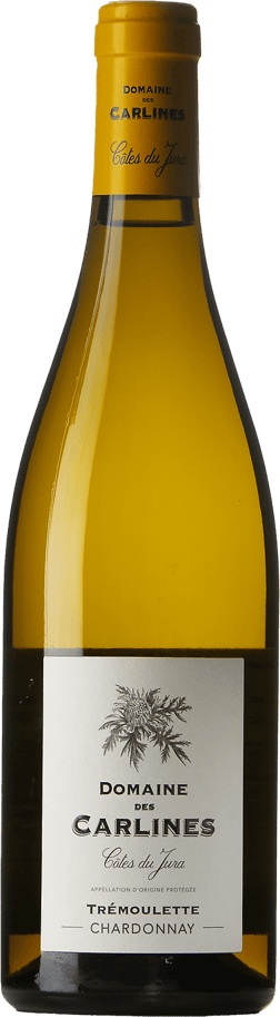 En glasflaska med Domaine des Carlines Trémoulette Chardonnay 2020, ett vitt vin från Jura i Frankrike