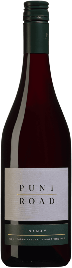 En glasflaska med Punt Road Gamay 2024, ett rött vin från Victoria i Australien