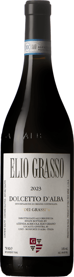 En glasflaska med Elio Grasso Dolcetto d'Alba Dei Grassi 2023, ett rött vin från Piemonte i Italien
