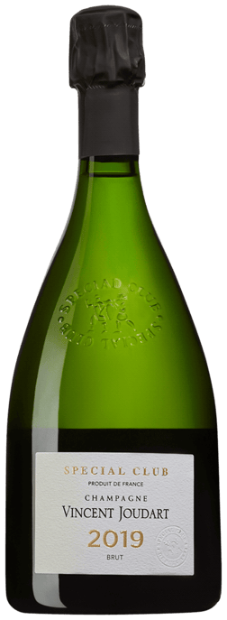 En glasflaska med Vincent Joudart Special Club 2019, ett champagne från Champagne i Frankrike
