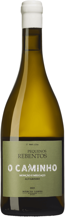 En glasflaska med Marcio Lopes Pequenos Rebentos O Caminho 2023, ett vitt vin från Vinho Verde i Portugal