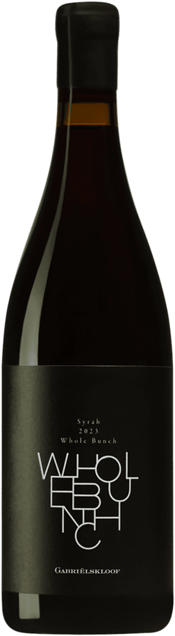 En glasflaska med Gabriëlskloof Whole Bunch Syrah 2023, ett rött vin från Western Cape i Sydafrika