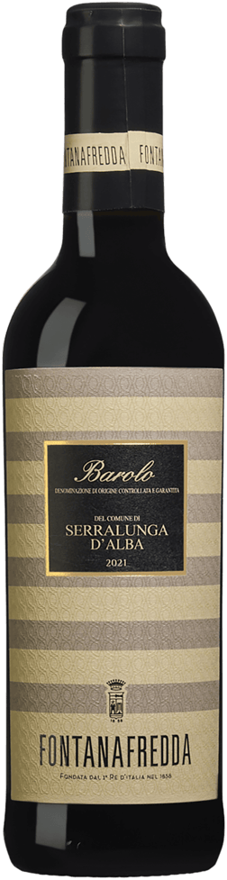 En glasflaska med Fontanafredda Barolo Serralunga d'Alba 2020, ett rött vin från Piemonte i Italien