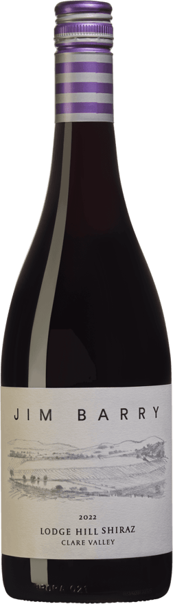 En glasflaska med Jim Barry Lodge Hill Shiraz 2022, ett rött vin från South Australia i Australien