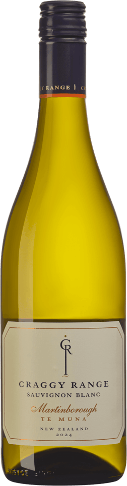 En glasflaska med Craggy Range Te Muna Sauvignon Blanc 2024, ett vitt vin från Wairarapa i Nya Zeeland