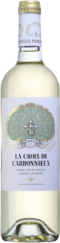 En glasflaska med Chateau Carbonnieux La Croix de Carbonnieux 2023, ett vitt vin från Bordeaux i Frankrike