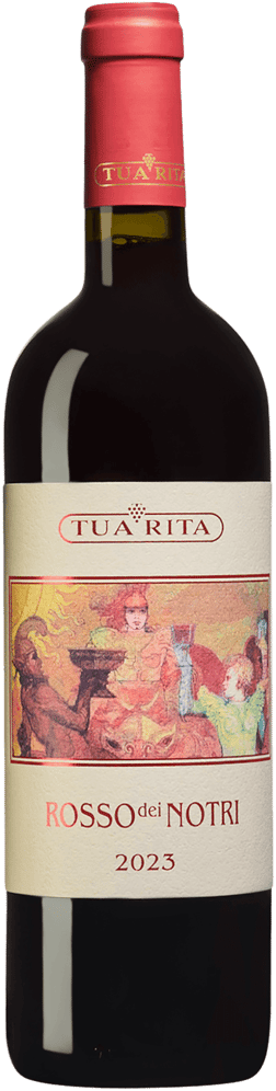 En glasflaska med Tua Rita Rosso dei Notri 2023, ett rött vin från Toscana i Italien
