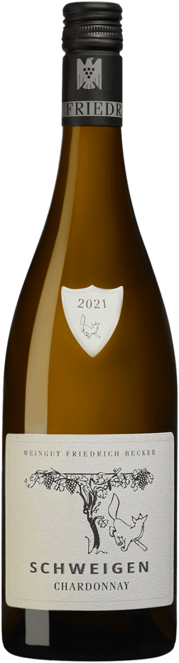 En glasflaska med Friedrich Becker Schweigen Chardonnay 2021, ett vitt vin från Pfalz i Tyskland