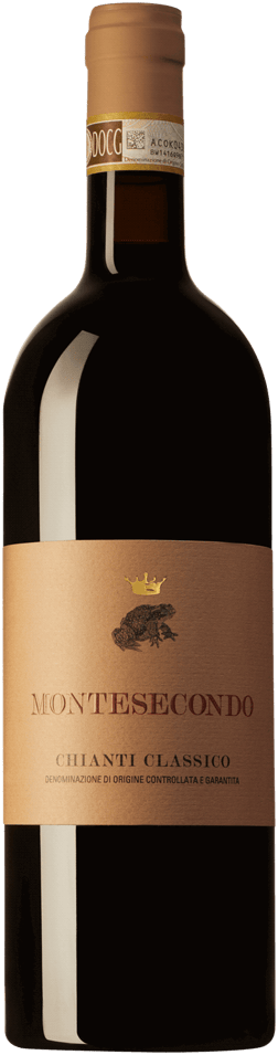 En lättare glasflaska med Montesecondo Chianti Classico 2021, ett rött vin från Toscana i Italien