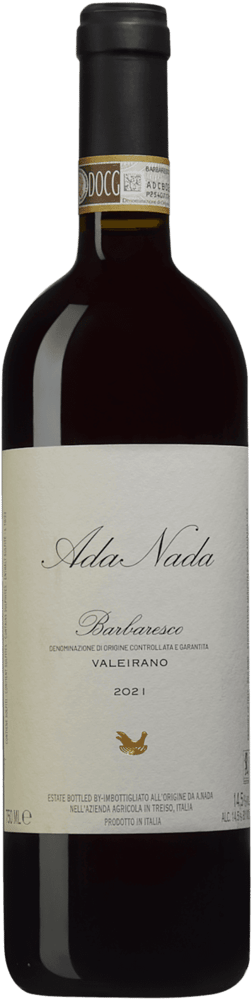 En lättare glasflaska med Ada Nada Barbaresco Valeirano 2021, ett rött vin från Piemonte i Italien