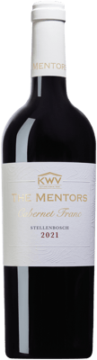 En glasflaska med KWV Mentors Cabernet Franc 2018, ett rött vin från Western Cape i Sydafrika