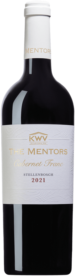 En glasflaska med The Mentors Cabernet Franc 2021, ett rött vin från Western Cape i Sydafrika