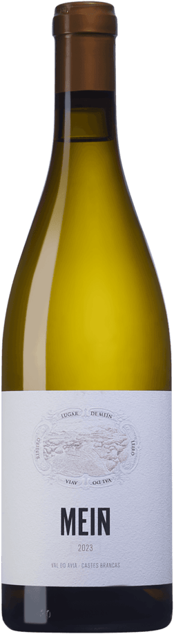 En glasflaska med Mein Val do Avia Castes Brancas 2023, ett vitt vin från Galicien i Spanien