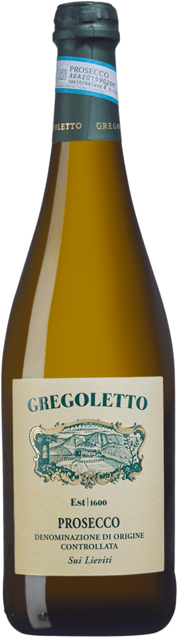 En glasflaska med Cantine Gregoletto Prosecco Sul Lieviti 2022, ett vitt vin från Venetien i Italien