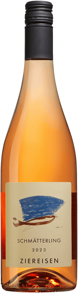 En glasflaska med Ziereisen Schmätterling Rosé 2023, en rosévin från Tyskland