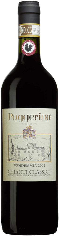En lättare glasflaska med Fattoria Poggerino Chianti Classico 2021, ett rött vin från Toscana i Italien