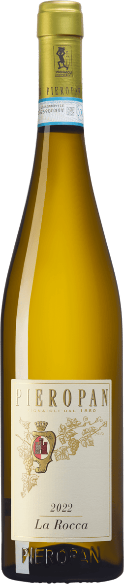 En lättare glasflaska med Pieropan La Rocca 2022, ett vitt vin från Venetien i Italien